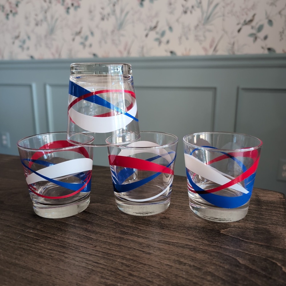 Vintage Georges Briard Red White Blue Swirl Rocks Glasses Set 4 MCM Barware USA